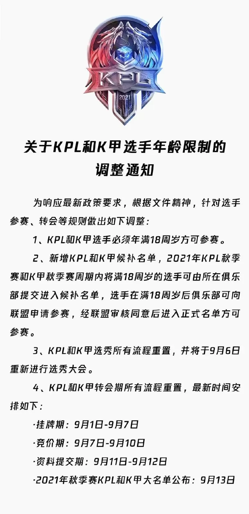 KPL与K甲联赛新规：参赛选手年龄门槛提高至18周岁
